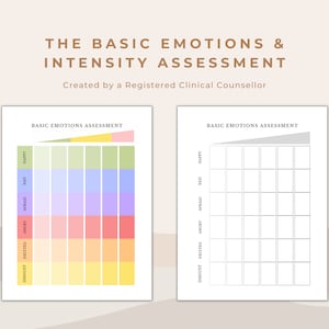 May include: A printable worksheet with two charts titled "Basic Emotions Assessment". The first chart is colour-coded with a gradient of colours from yellow to green. The second chart is blank with grey lines.