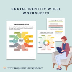 May include: A printable worksheet with a social identity wheel. The wheel has 12 sections with labels like age, language, ethnicity, and sexual orientation. The worksheet is designed to help people explore and understand their own social identities.