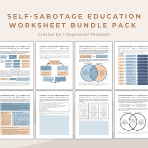 May include: A set of eight printable worksheets designed to help understand and work through self-sabotage. The worksheets feature a variety of exercises and activities, including diagrams, charts, and lists. The worksheets are titled "Understanding Self-Sabotage" and "Working Through Self-Sabotage".