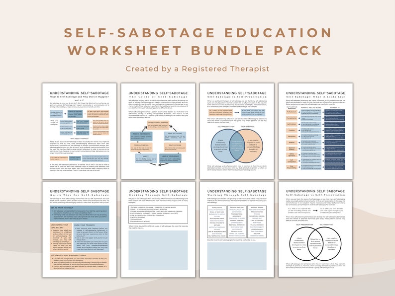 May include: A set of eight printable worksheets designed to help understand and work through self-sabotage. The worksheets feature a variety of exercises and activities, including diagrams, charts, and lists. The worksheets are titled "Understanding Self-Sabotage" and "Working Through Self-Sabotage".