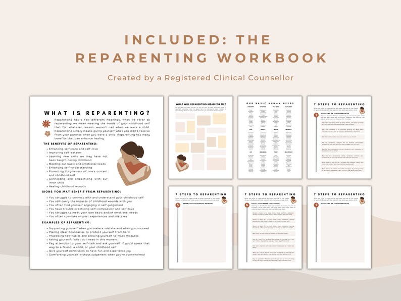 K&ouml;nnte beinhalten: Ein Arbeitsbuch mit dem Titel "The Re-Parenting Workbook", erstellt von einem registrierten klinischen Berater. Das Arbeitsbuch enth&auml;lt Informationen &uuml;ber Re-Parenting, die Vorteile von Re-Parenting, Anzeichen daf&uuml;r, dass Sie von Re-Parenting profitieren k&ouml;nnen, Beispiele f&uuml;r Re-Parenting, was Re-Parenting f&uuml;r Sie bedeutet, unsere grundlegenden menschlichen Bed&uuml;rfnisse und 7 Schritte zum Re-Parenting.