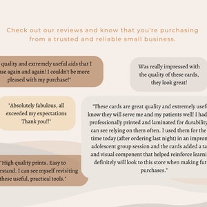 May include: A collection of customer reviews highlighting the quality and usefulness of educational cards. The reviews mention the cards being used for patients, adolescents, and for learning.