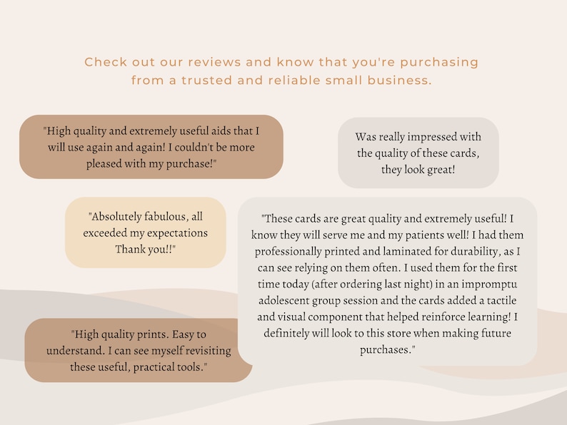 May include: A collection of customer reviews highlighting the quality and usefulness of educational cards. The reviews mention the cards being used for patients, adolescents, and for learning.