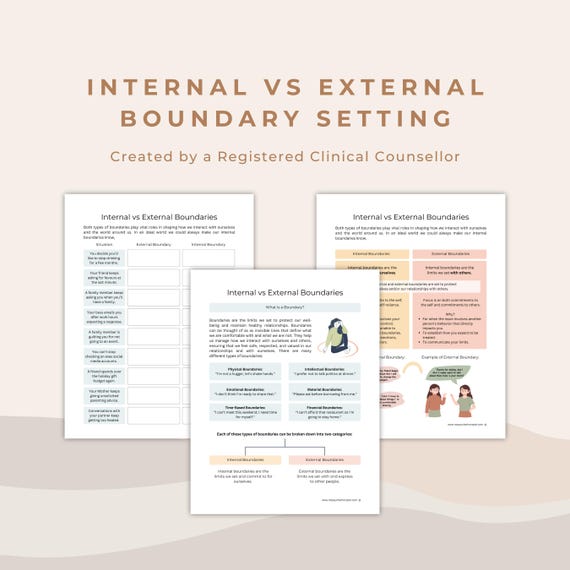 Boundary Setting Resource: Internal Boundaries vs External Boundaries for Fostering Healthy Relationships | Therapy Worksheet