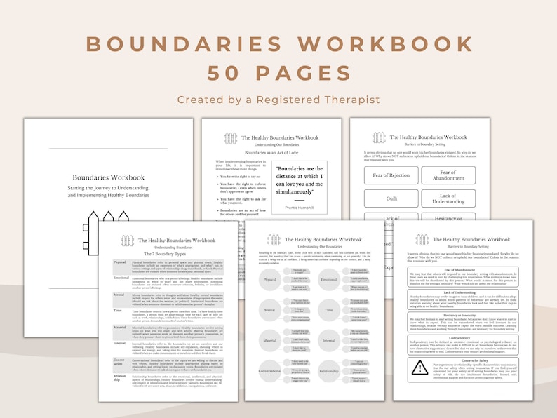May include: A black and white workbook cover with the title "Boundaries Workbook" and the text "50 Pages" in a larger font. The subtitle reads "Created by a Registered Therapist". The cover features a black and white illustration of a fence.