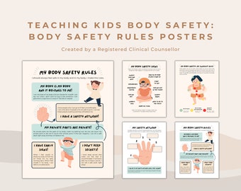 May include: Six colorful posters with illustrations and text about body safety rules for kids. The posters include topics like "My Body Safety Rules", "My Body Safety Signs", "My Body Safety and My Right to Say No", "My Safety Network", "I Have Early Signs", and "I Don't Keep Secrets".