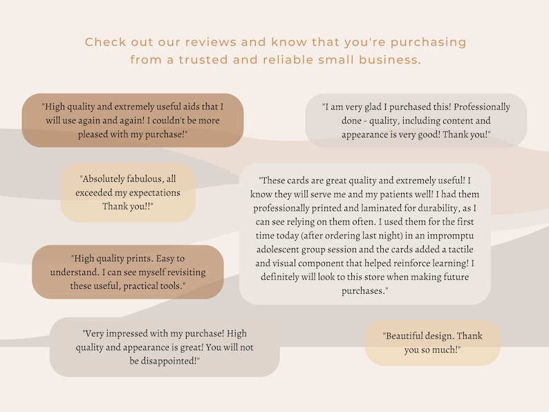 May include: A collection of customer reviews highlighting the quality and usefulness of products sold by a small business. The reviews are displayed in a light brown text box on a light pink background.