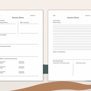 May include: A printable session notes template with sections for date, client initials, pre-session notes, risk and concerns, session agenda, main discussion points, feedback or assessment outcomes, points of consultation, next session date, homework or next session goals, and post-session notes.