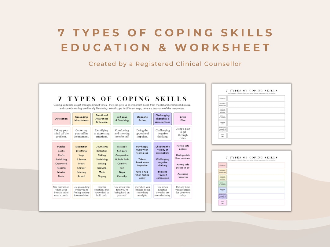 7 Types of Coping Skills Education Handout and Worksheet for