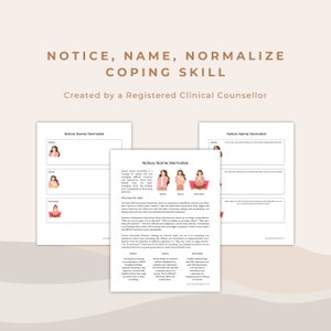Puede incluir: Una hoja de trabajo imprimible con el título "Notice, Name, Normalize Coping Skill" creada por un consejero clínico registrado. La hoja de trabajo está diseñada para ayudar a las personas a manejar las emociones difíciles al notarlas, nombrarlas y normalizarlas. La hoja de trabajo incluye ilustraciones de personas que experimentan diferentes emociones.