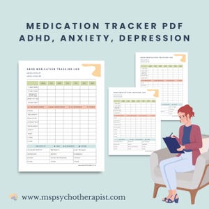 Könnte beinhalten: Ein druckbarer PDF-Medikamenten-Tracker für ADHS, Angstzustände und Depressionen. Der Tracker enthält Abschnitte für Medikamentendetails, Einnahmezeit, Nebenwirkungen und Stimmungsverbesserung.