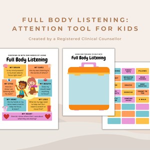 May include: A printable worksheet for kids to help them practice full body listening. The worksheet has a colorful illustration of a child with a thought bubble that says "Full Body Listening". The worksheet includes sections for the brain, ears, eyes, mouth, arms, legs, and heart. The worksheet also includes a list of activities that can help kids focus and listen.