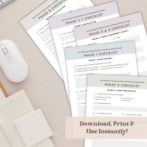 May include: Five printable checklists for Eye Movement Desensitization and Reprocessing Therapy (EMDR). Each checklist is labeled with a phase number and title, such as "Phase 1: Client History" and "Phase 2: Client Preparation". The checklists are printed on white paper with a light gray background.