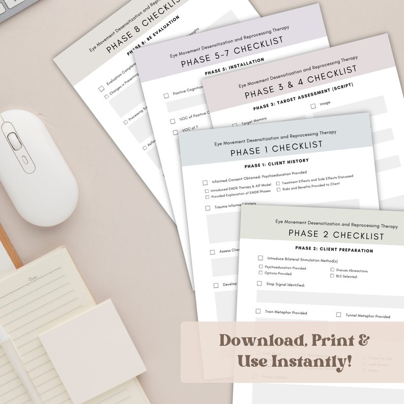 May include: Five printable checklists for Eye Movement Desensitization and Reprocessing Therapy (EMDR). Each checklist is labeled with a phase number and title, such as "Phase 1: Client History" and "Phase 2: Client Preparation". The checklists are printed on white paper with a light gray background.