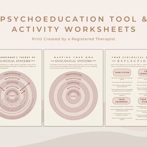 Puede incluir: Tres hojas de trabajo imprimibles para la psicoeducaci&oacute;n, que presentan un diagrama de la teor&iacute;a de los sistemas ecol&oacute;gicos de Bronfenbrenner, un diagrama en blanco para mapear tus propios sistemas ecol&oacute;gicos y una hoja de trabajo de reflexi&oacute;n sobre tu sistema ecol&oacute;gico.