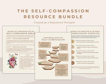 Self-Compassion and Self-Love Resource Bundle for Mental Health Professionals and Support | Self Care Worksheets and Therapist Office Art