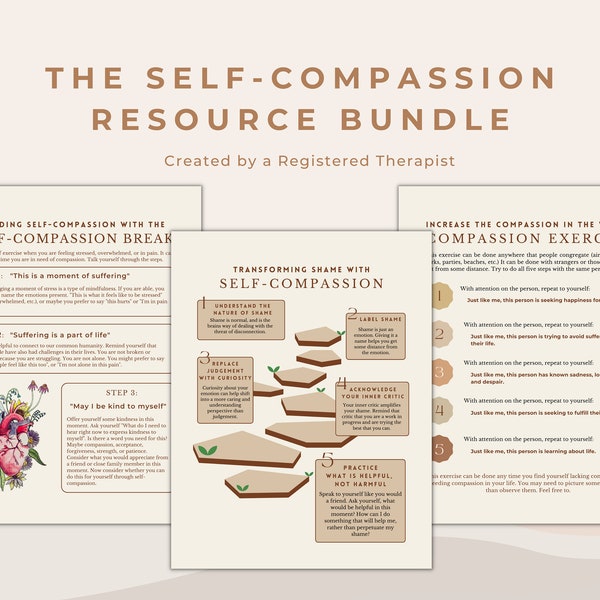 Self-Compassion and Self-Love Resource Bundle for Mental Health Professionals and Support | Self Care Worksheets and Therapist Office Art