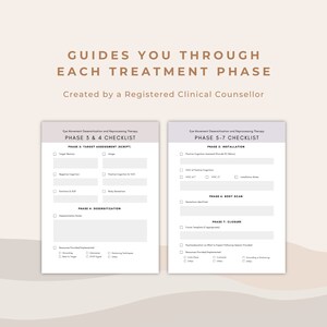 May include: A checklist for Eye Movement Desensitization and Reprocessing Therapy (EMDR) with two pages. The first page covers phases 3 and 4, focusing on target assessment and desensitization. The second page covers phases 5, 6, and 7, focusing on installation, body scan, and closure.