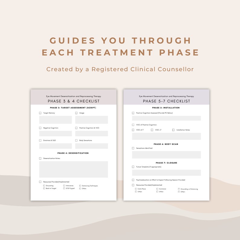 May include: A checklist for Eye Movement Desensitization and Reprocessing Therapy (EMDR) with two pages. The first page covers phases 3 and 4, focusing on target assessment and desensitization. The second page covers phases 5, 6, and 7, focusing on installation, body scan, and closure.