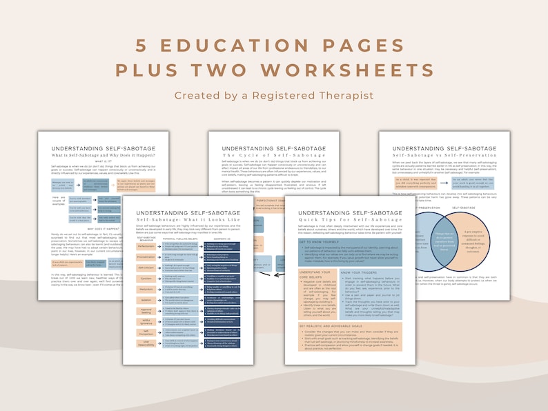 May include: Five printable pages with text and diagrams about understanding self-sabotage, plus two worksheets. The pages are in a light blue and peach color scheme.