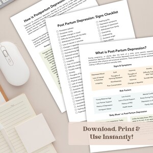 May include: Printable checklist and information sheet about postpartum depression. The checklist includes symptoms like persistent sadness, excessive crying, and difficulty bonding with the baby. The information sheet explains the difference between postpartum depression and baby blues.