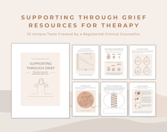 Può includere: Una raccolta di risorse terapeutiche stampabili intitolata "Supporto attraverso il lutto". Le risorse includono diagrammi e fogli di lavoro per la comprensione del lutto, creati da un consulente clinico registrato. Il testo recita "22 strumenti unici creati da un consulente clinico registrato".