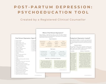 May include: A printable psychoeducation tool for post-partum depression. The document includes information about the signs and symptoms of post-partum depression, risk factors, treatment options, and a section on "Baby Blues" vs. Post-Partum Depression.