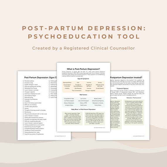 Post-Partum Depression Psychoeducation Printable Worksheet for Mental Health and Healthcare Providers for Patient Care and Wellbeing