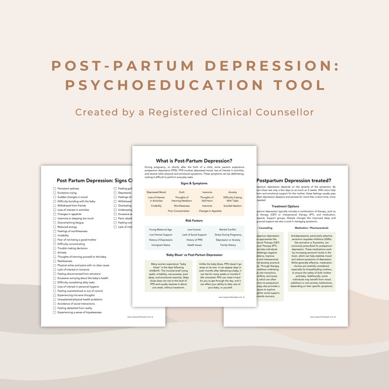 May include: A printable psychoeducation tool for post-partum depression. The document includes information about the signs and symptoms of post-partum depression, risk factors, treatment options, and a section on "Baby Blues" vs. Post-Partum Depression.