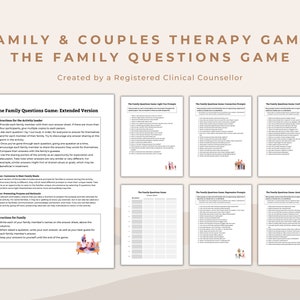 Pode incluir: Um jogo de terapia familiar imprimível com o título "The Family Questions Game: Extended Version". O jogo foi projetado para ajudar as famílias a se comunicarem e se conectarem umas com as outras. O jogo inclui perguntas sobre comunicação, conflitos, depressão e ansiedade.