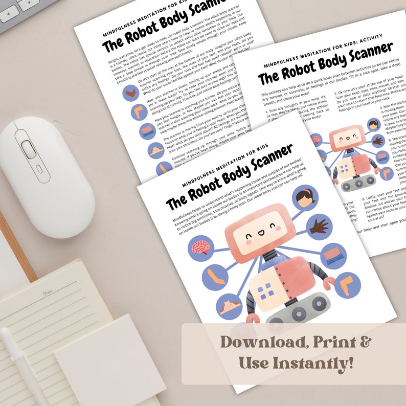 May include: A printable mindfulness activity for kids featuring a cartoon robot with a body scanner. The robot has a pink body, a blue head, and a friendly face. The robot's arms are extended, and each hand points to a different part of the body. The text on the page reads "The Robot Body Scanner" and "Mindfulness Meditation for Kids".