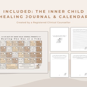 K&ouml;nnte beinhalten: Ein druckbares 30-Tage-Tagebuch zur Heilung des inneren Kindes und ein Kalender mit Aufforderungen zur t&auml;glichen Reflexion. Das Tagebuch hat einen hellbraunen Hintergrund mit einer handgezeichneten Illustration einer Person, die auf einer Couch sitzt. Der Text "Heilung einen Tag nach dem anderen" ist in brauner Schrift geschrieben.