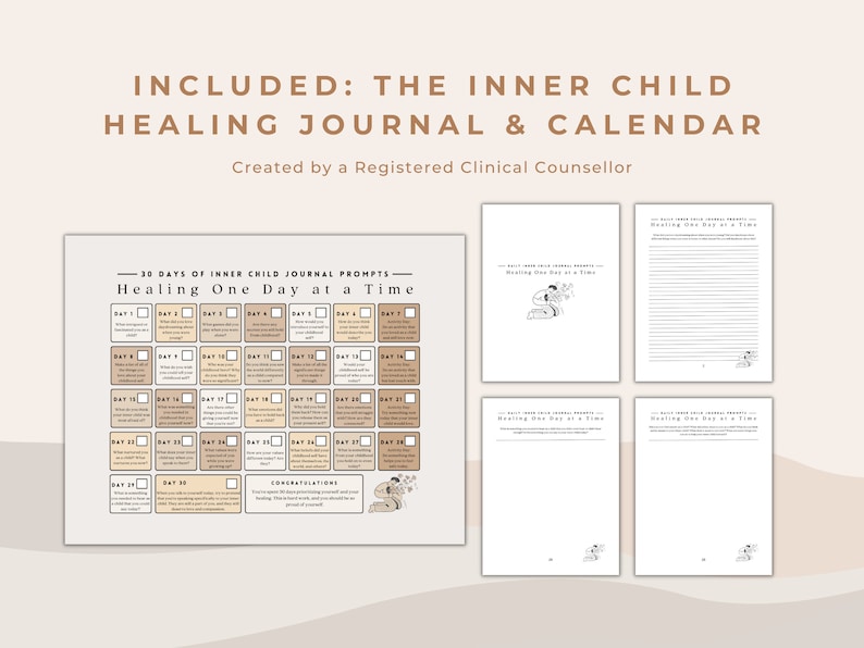 K&ouml;nnte beinhalten: Ein druckbares 30-Tage-Tagebuch zur Heilung des inneren Kindes und ein Kalender mit Aufforderungen zur t&auml;glichen Reflexion. Das Tagebuch hat einen hellbraunen Hintergrund mit einer handgezeichneten Illustration einer Person, die auf einer Couch sitzt. Der Text "Heilung einen Tag nach dem anderen" ist in brauner Schrift geschrieben.