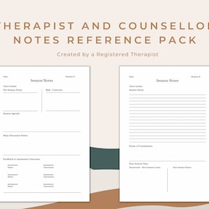 May include: Two printable pages of therapist and counselor session notes. The left page has sections for client initials, pre-session notes, session agenda, main discussion points, and feedback or assessment outcomes. The right page has sections for client initials, session notes, points of consolidation, next session date, homework, next session goals, and post-session notes.