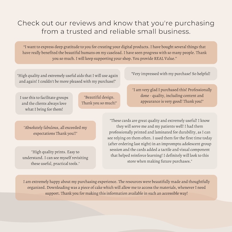May include: Image showcasing customer reviews for a small business. The reviews are in text bubbles with positive feedback about the quality, usefulness, and design of the products. The text includes phrases like "high quality," "beautiful design," and "extremely useful."