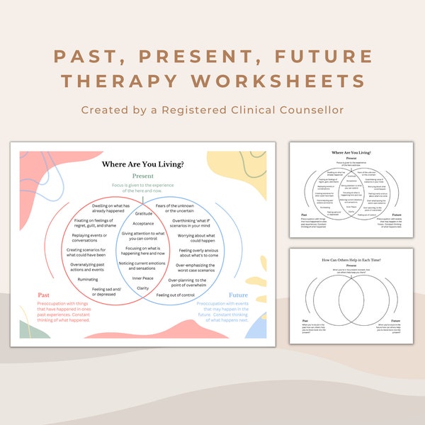 Living in the Past, Future, and Present Worksheets for Mindfulness, Depression, and Anxiety | Therapist Education Tool