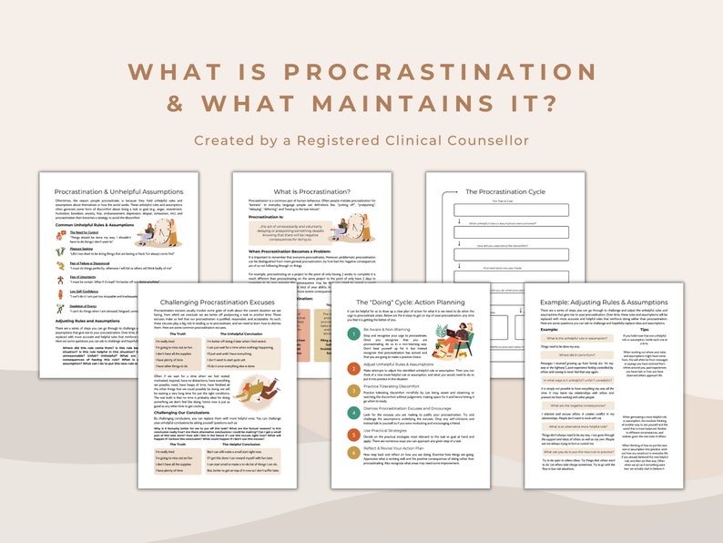 K&ouml;nnte beinhalten: Ein druckbares Arbeitsblatt mit dem Titel "Was ist Prokrastination und was h&auml;lt sie aufrecht?" erstellt von einem registrierten klinischen Berater. Das Arbeitsblatt enth&auml;lt Abschnitte &uuml;ber Prokrastination und ung&uuml;nstige Annahmen, die Anfechtung von Prokrastinationsausreden, den Prokrastinationszyklus, die "Doing"-Zyklus-Aktionsplanung und Beispiele f&uuml;r die Anpassung von Regeln und Annahmen.