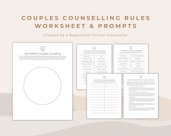May include: A printable worksheet and prompts for couples counseling. The worksheet includes a circle for couples to write down their rules for couples counseling. The prompts include questions about why couples need rules for counseling and what those rules should be.