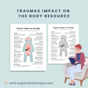 May include: Two illustrations of the human body with internal organs labeled, showing the impact of trauma on different body systems. The illustrations are in blue and gray, with the text "Trauma's Impact on the Body" at the top of each illustration. A woman is sitting in a chair, looking at a clipboard and taking notes.