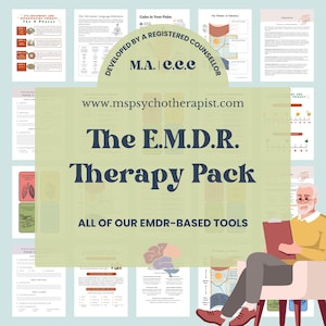 Könnte beinhalten: Das Bild zeigt "The E.M.D.R. Therapy Pack", eine Sammlung von Therapiematerialien. Es enthält Dokumente, Anleitungen und Arbeitsblätter. Die Website www.mspsychotherapist.com ist sichtbar. Eine Person sitzt und hält einen Klemmbrett.