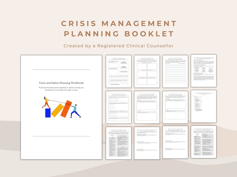 Peut inclure: Un livret blanc intitul&eacute; "Crisis and Safety Planning Workbook" avec le texte "Putting the plans and supports in place to help you prepare for and cope through a crisis." Le livret fait partie d'un "Crisis Management Planning Booklet" cr&eacute;&eacute; par un conseiller clinique agr&eacute;&eacute;.