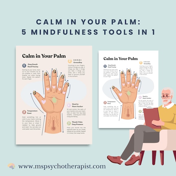 Mindfulness Exercises Poster: Calm in Your Palm, Grounding Techniques (PDF Download)