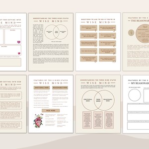 May include: A printable worksheet with a brown and white color scheme, designed to help understand the three mind states: wise mind, emotional mind, and reasonable mind. The worksheet includes a Venn diagram, questions to ask yourself, and strategies for getting into your wise mind.