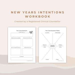 May include: Black and white printable New Year's Intentions Workbook with two pages. The first page has a section for "Word of the Year", "What do I want to accomplish?", "What do I want to do for fun?", "Who am I inspired by this year?", "Changes I'd like to see", and "My Intentions". The second page is a matrix with the year 2025 in the center and sections for "Joy & Fun", "Relationships", "Finances", "Work", "Wellness", "Home", "Growth", and "Family".