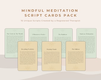 May include: A set of six meditation script cards with a light green and beige background. Each card features a different meditation script with a title in brown text. The titles are "The Circle & The World", "A Moment to Notice", "The Rainbow", "Staircase Relaxation", "Breathing Positivity", "Hoating Clouds", and "The Balloon".