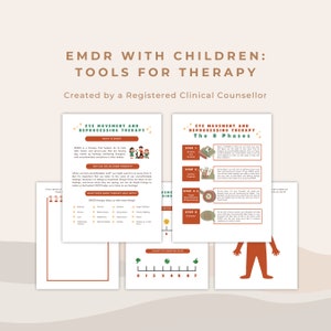 Könnte beinhalten: Ein druckbares Arbeitsblatt mit Illustrationen und Text, das die Augenbewegungsdesensibilisierung und -reprozessierung (EMDR) - Therapie für Kinder erklärt. Das Arbeitsblatt enthält eine Beschreibung der 8 Phasen der EMDR-Therapie und eine Skala zur Messung der Intensität von Emotionen.