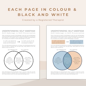 May include: Two pages with a Venn diagram illustrating the concepts of self-preservation and self-sabotage. The diagram shows that both behaviors are attempts to protect us, however, when our body attempts to protect us when we don't need protection, self-sabotage occurs.