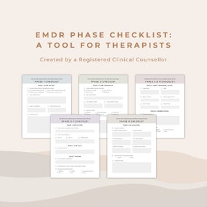 Könnte beinhalten: Eine druckbare Checkliste für Therapeuten, die die Augenbewegungsdesensibilisierung und -verarbeitung (EMDR) anwenden. Die Checkliste umfasst acht Phasen der EMDR-Therapie, mit Abschnitten für jede Phase, die vom Therapeuten ausgefüllt werden sollen.