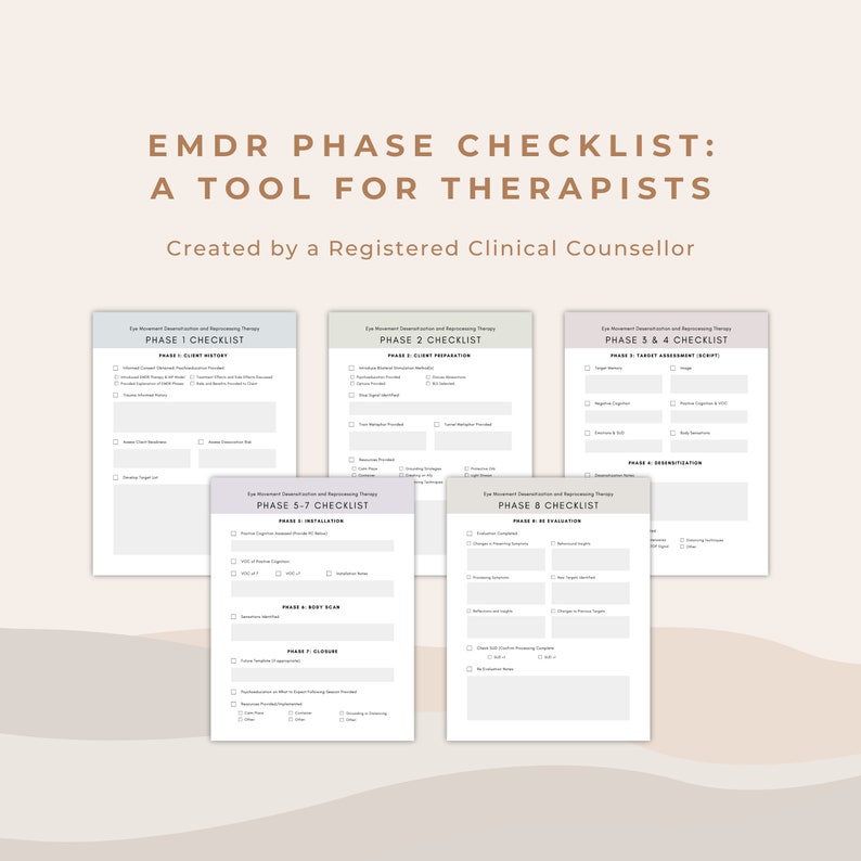 May include: A printable checklist for therapists using Eye Movement Desensitization and Reprocessing (EMDR) therapy. The checklist includes eight phases of EMDR therapy, with sections for each phase to be filled in by the therapist.