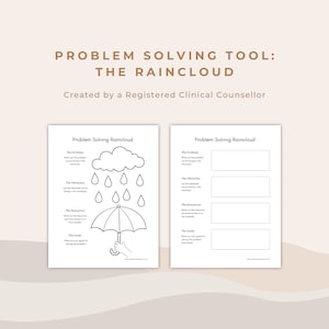 Op de afbeelding: Twee witte werkbladen getiteld "Problem Solving Raincloud" met tekst en illustraties. Het linkerblad heeft een wolk, regendruppels en een paraplu. De tekst bevat "Het probleem", "De obstakels", "De middelen" en "De doelen".